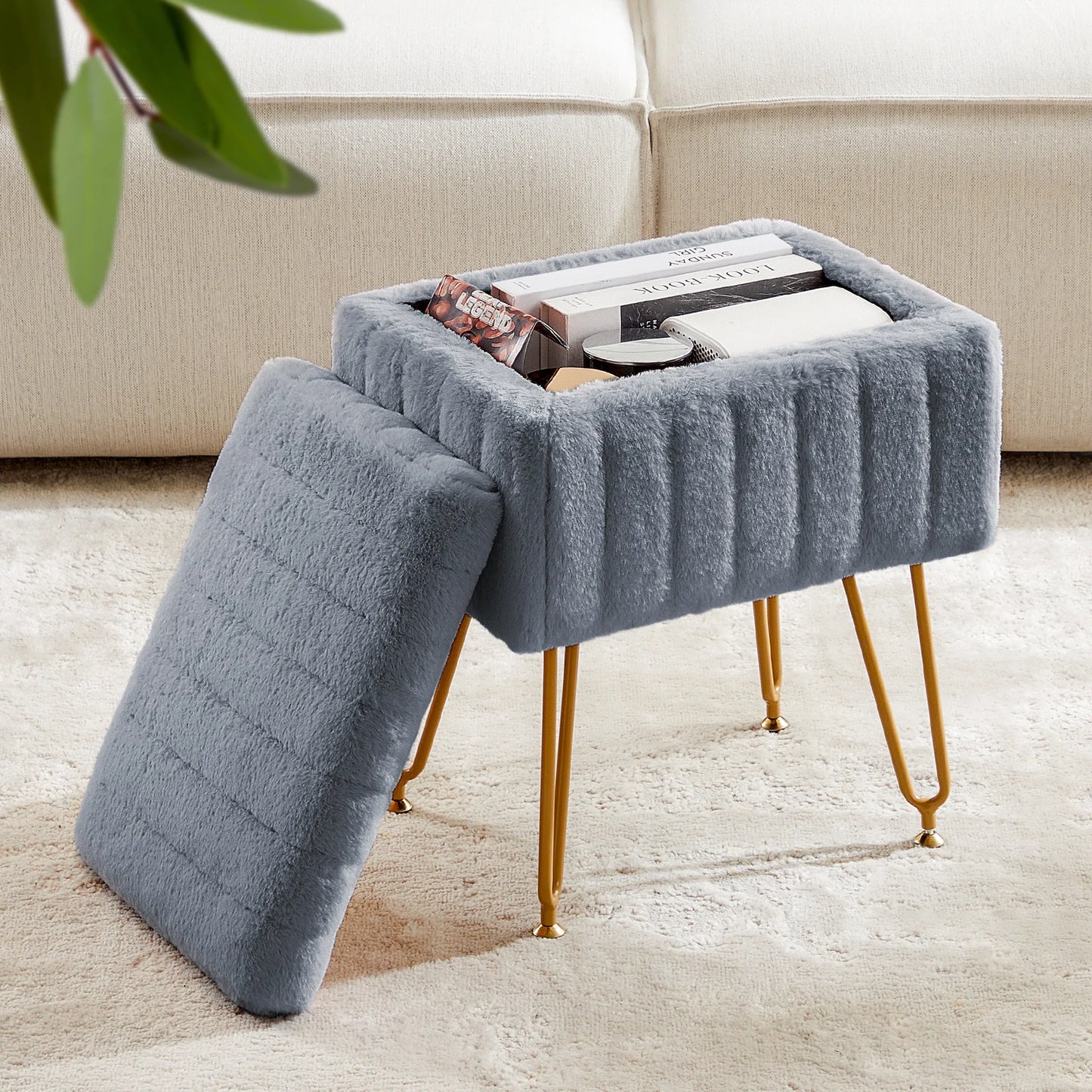 JHK Faux Fur Hidden Storage Stool Ottoman With Metal Legs