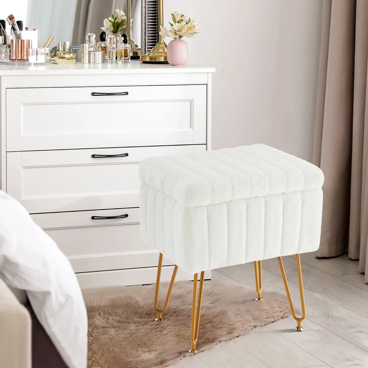 JHK Faux Fur Hidden Storage Stool Ottoman With Metal Legs