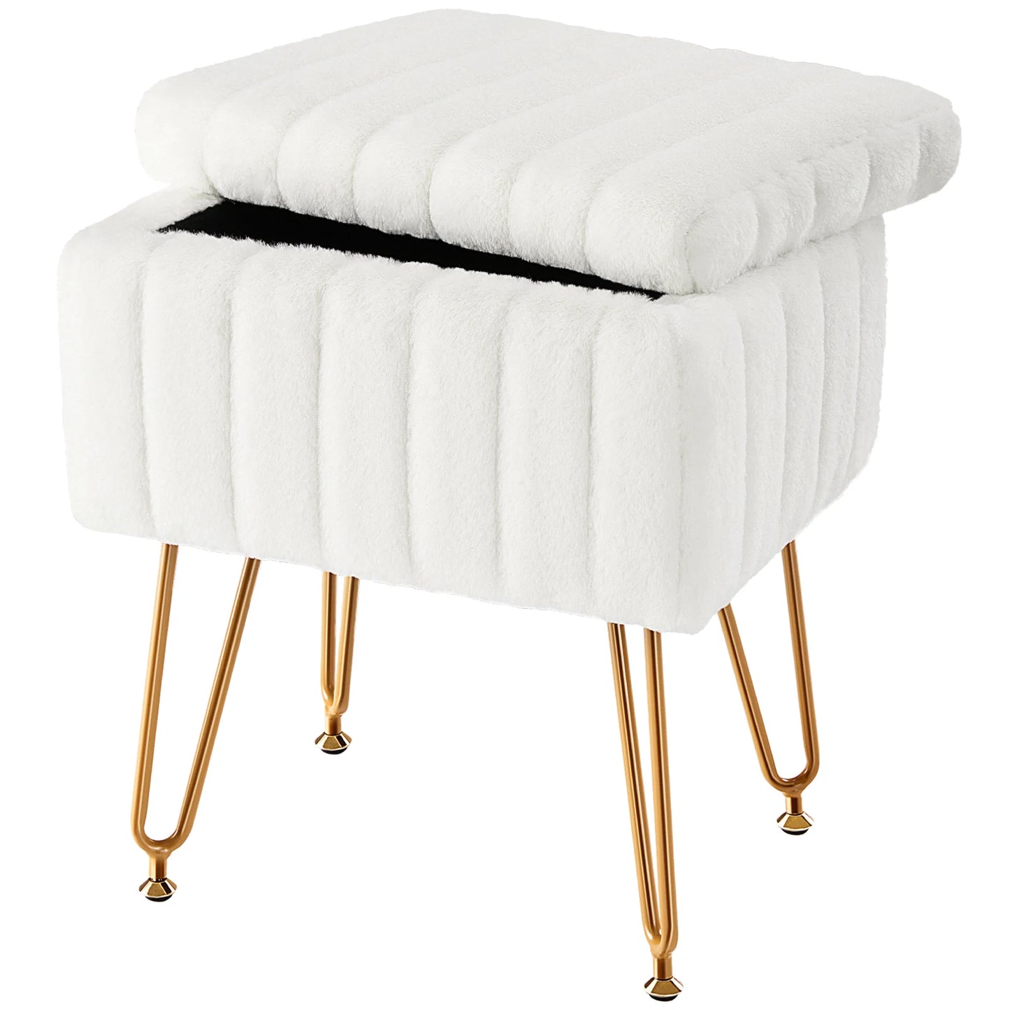 JHK Faux Fur Hidden Storage Stool Ottoman With Metal Legs
