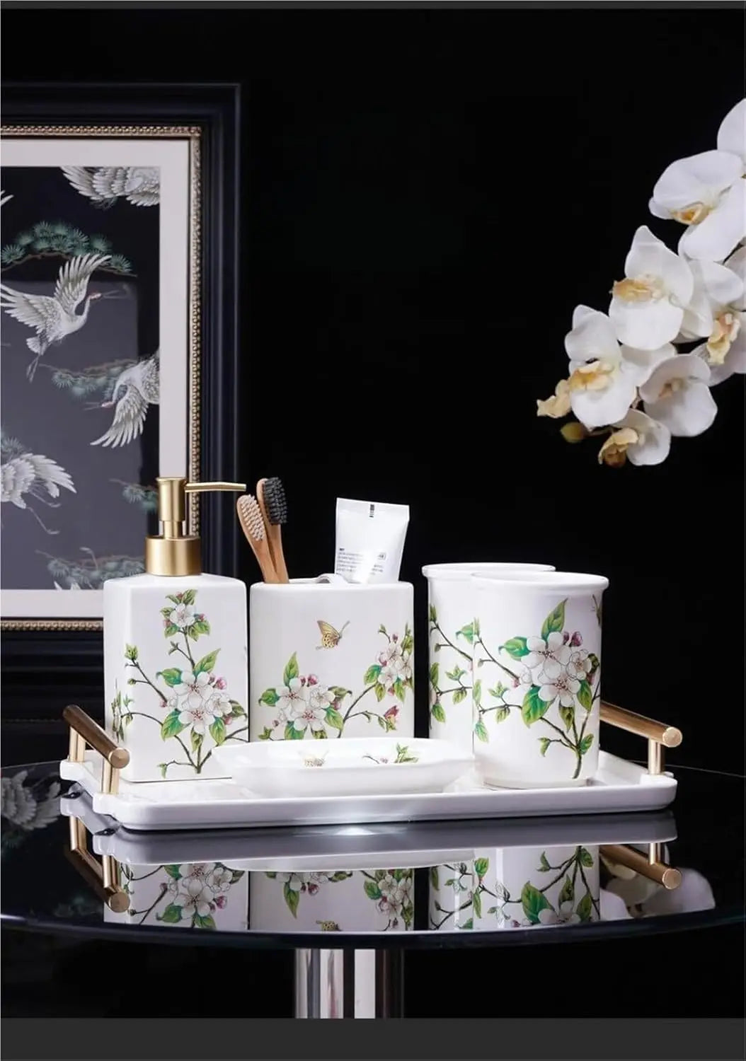 Ceramic Bath Accessory Set Soap Dispenser Cup Holder Tray Organizer