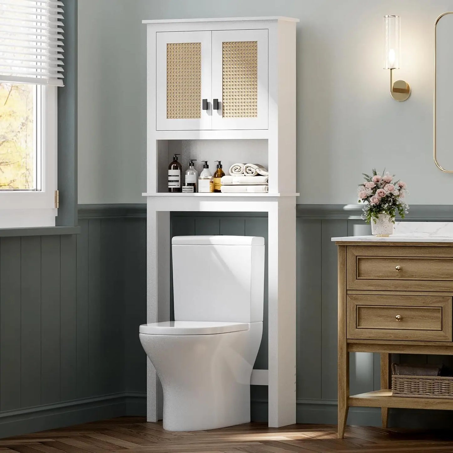 Farmhouse White Over Toilet Storage Cabinet With Natural Rattan Doors