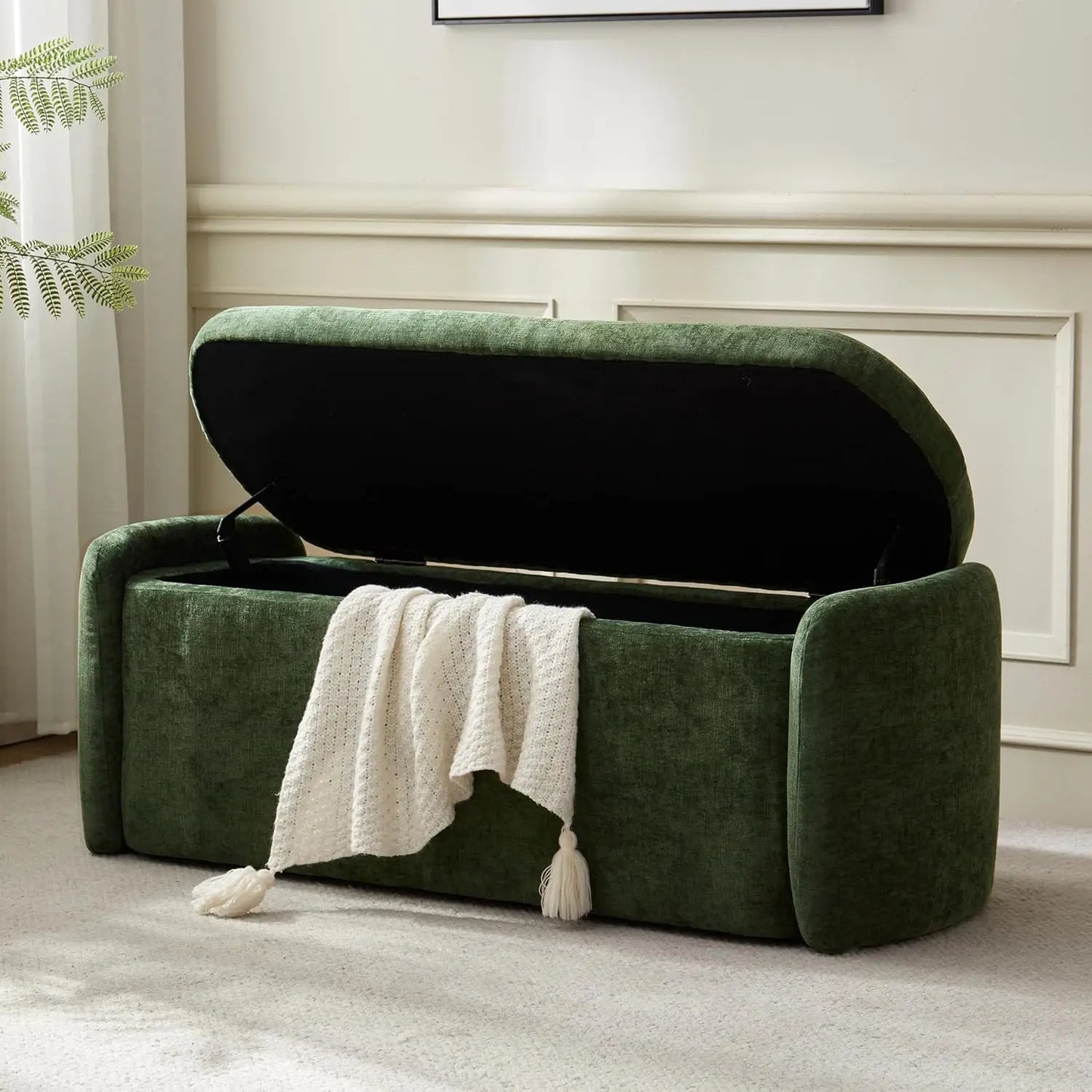 Oval Storage Ottoman Bench Chenille Upholstered End of Bed