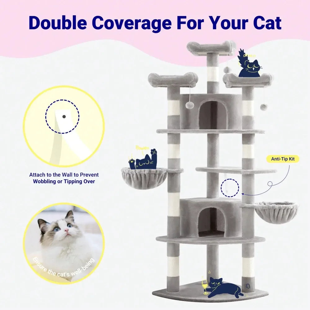 73in FanShaped SpaceSaving Corner Cat Tower MultiLevel Tall Cat Tree For Indoor Kitties Cozy Baskets Condos House Perches Sisal