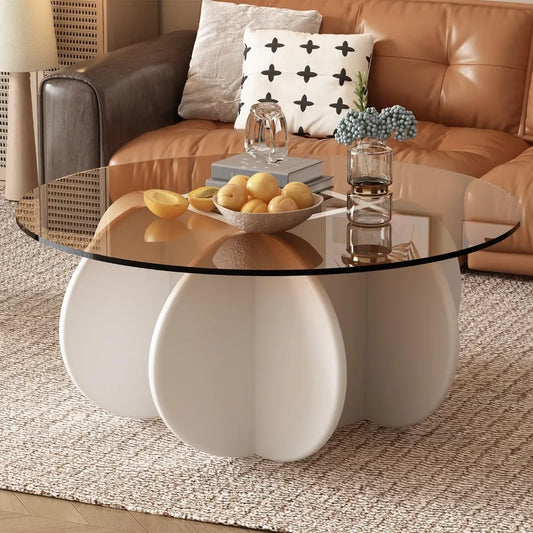 RBXC Mid-Century Modern Round Glass Coffee Table for Living Room