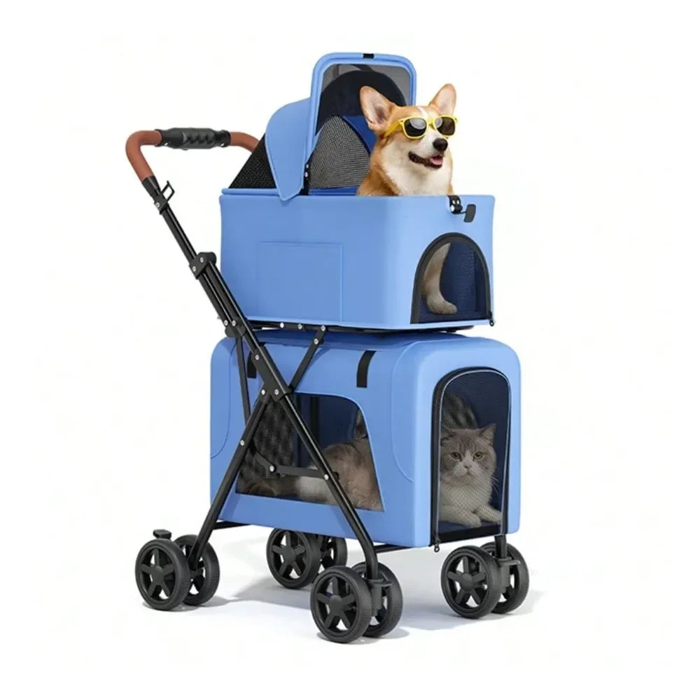 In 1 Foldable Double Pet Stroller For 2 Small Medium Dogs And Cats, Detachable Top Bottom Carriers, Breathable Mesh, OneClick F