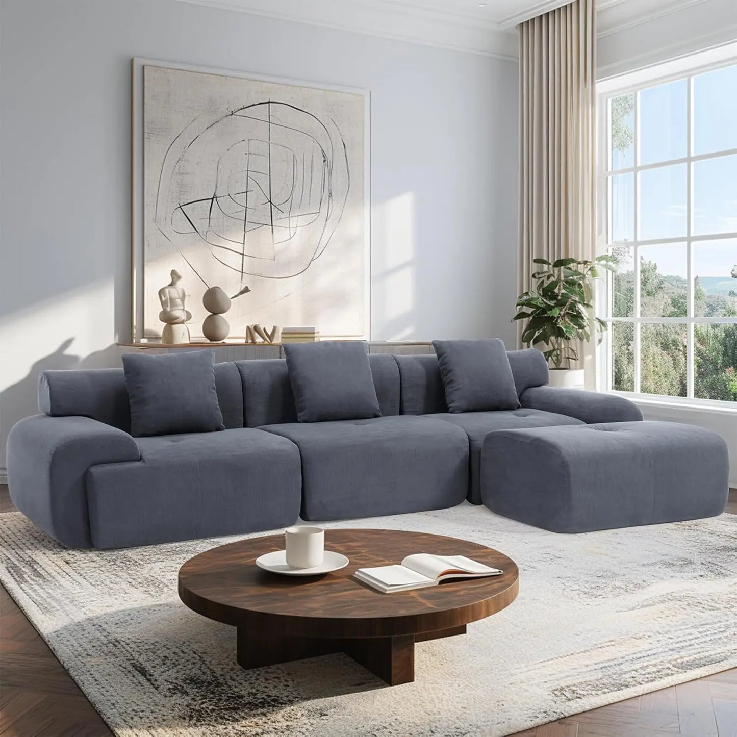 XIAOLANG Modular Sectional Sofa With Ottoman Corduroy Fabric