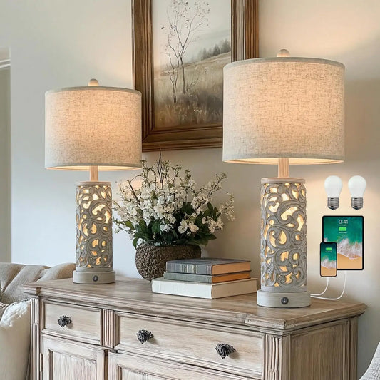 Farmhouse Table Lamps Set Of 2 With USB Ports And Night Light Vintage Style