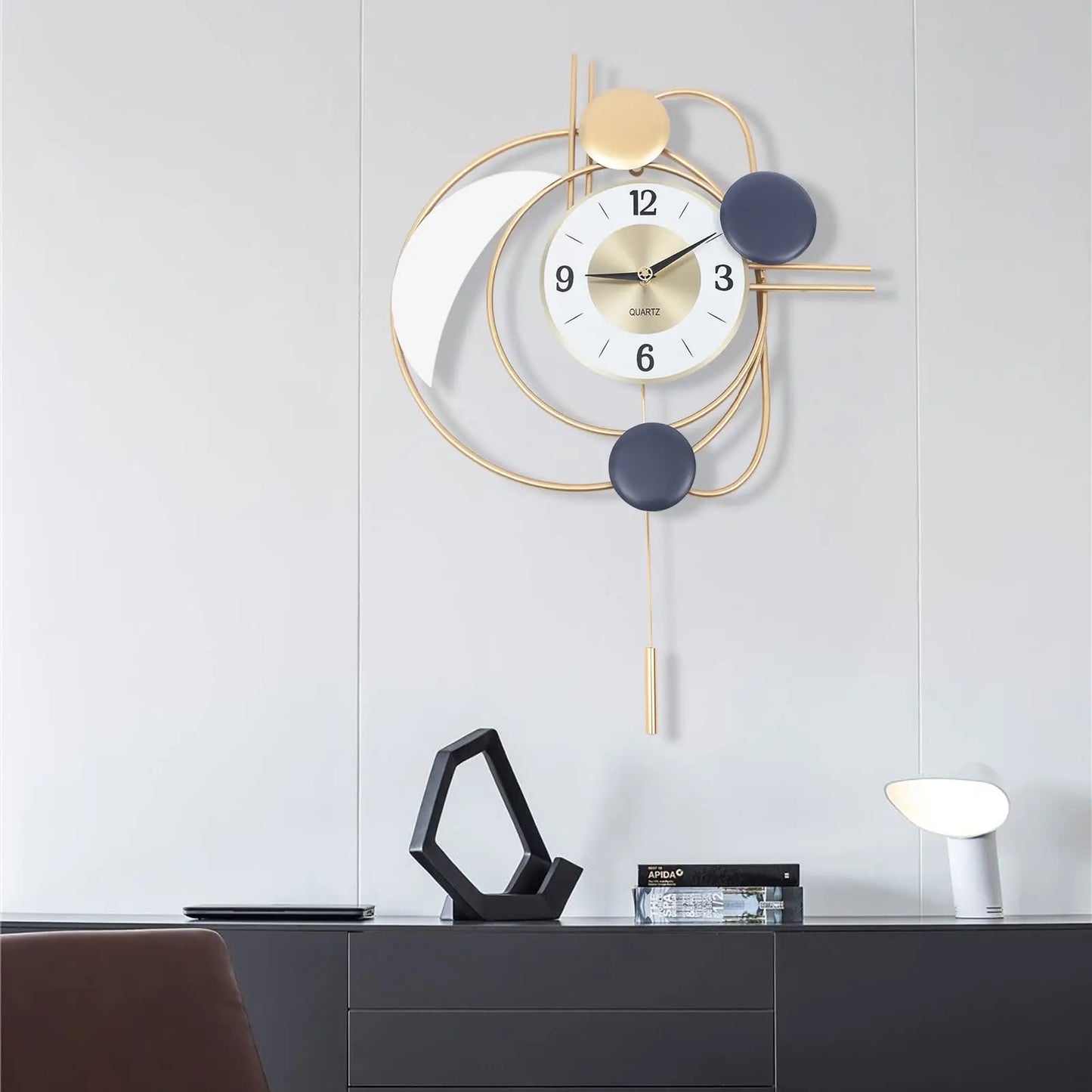 Modern Metal Wall Clock With Silent Quartz Movement And Pendulum