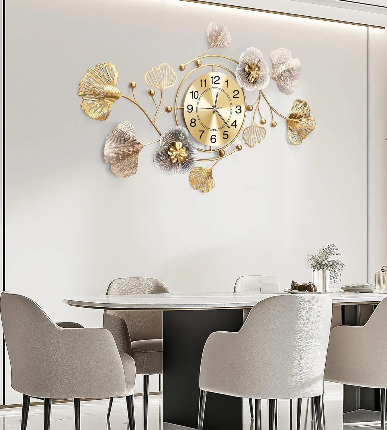 Silent Wall Clock With Retro Ginkgo Leaf Metal Design
