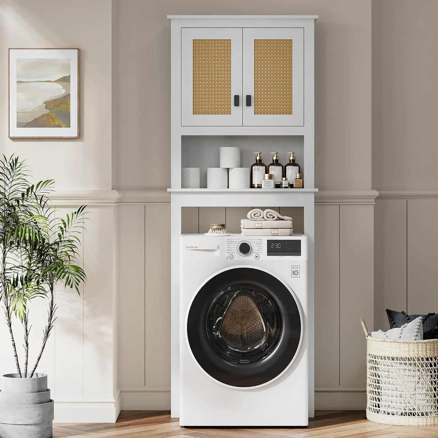 Farmhouse White Over Toilet Storage Cabinet With Natural Rattan Doors