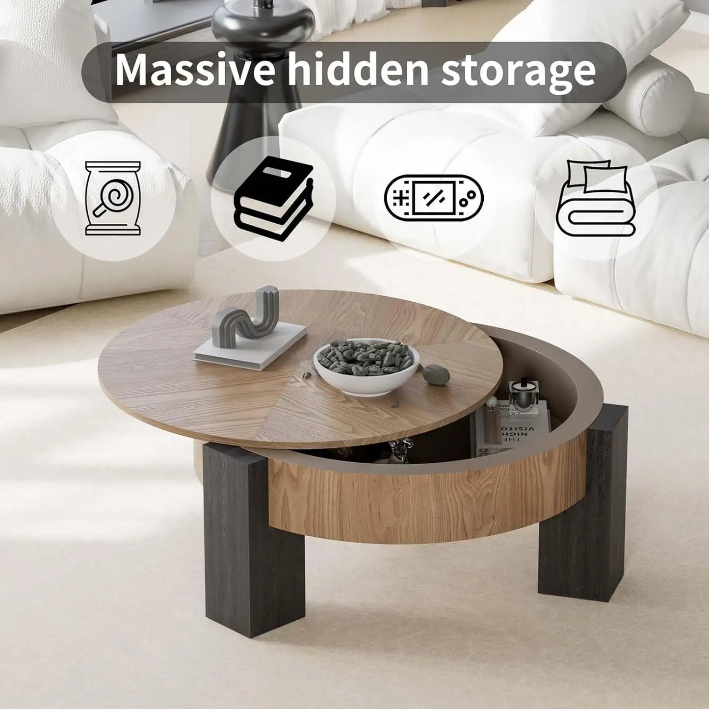 Folded Round Coffee Table With Hidden Storage And 3 Block Legs