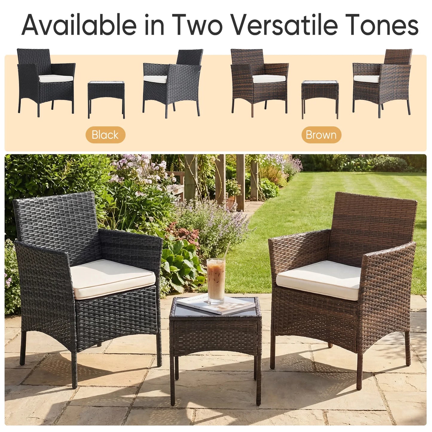 JHK Outdoor 3 Piece Wicker Rattan Patio Furniture Set With Glass Table