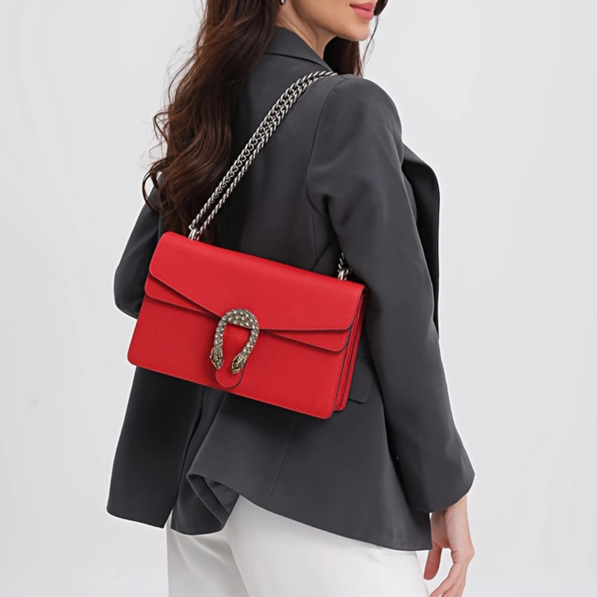 NONECN Genuine Leather Chain Crossbody Bag for Women