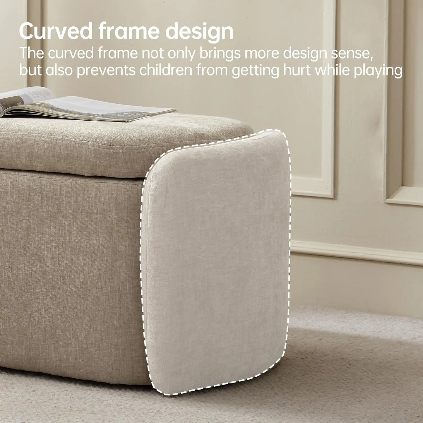 Oval Storage Ottoman Bench Chenille Upholstered End of Bed