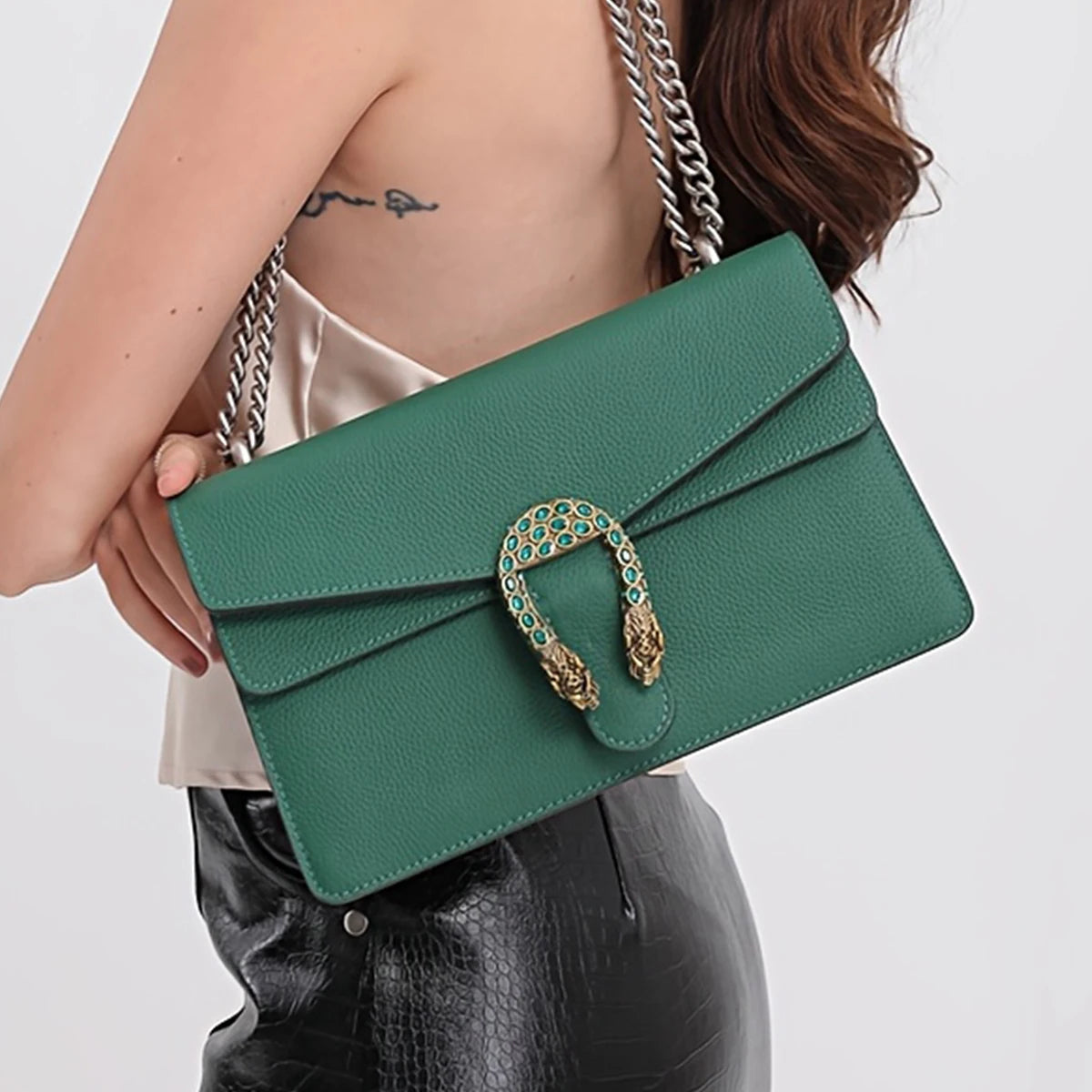 NONECN Luxury Crossbody Bag For Women Genuine Leather With Chain