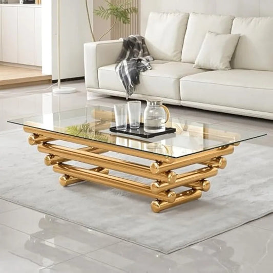 Rectangular Tempered Glass Coffee Table With Stainless Steel Legs