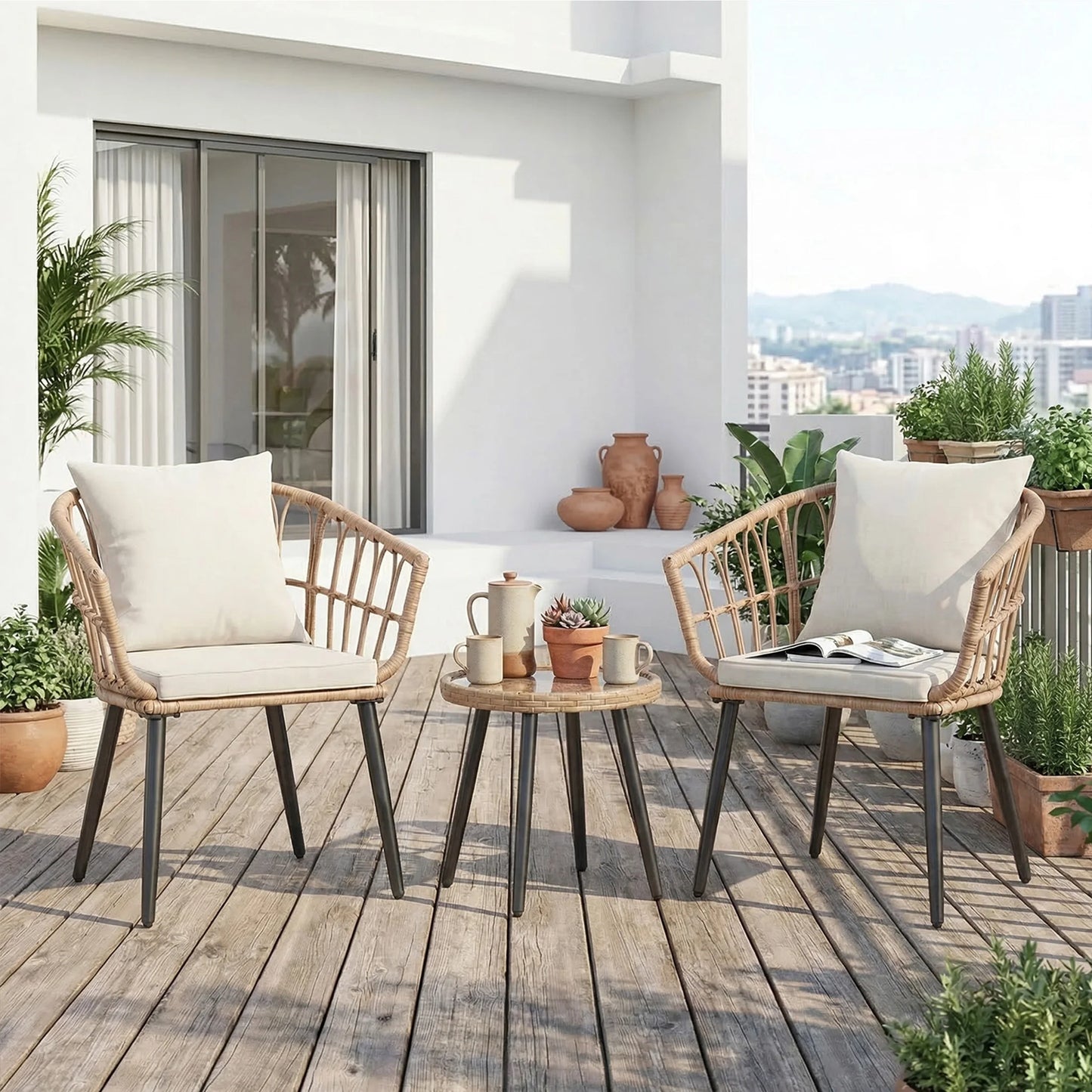 Wicker Outdoor Patio Set With Glass Table And Soft Cushions
