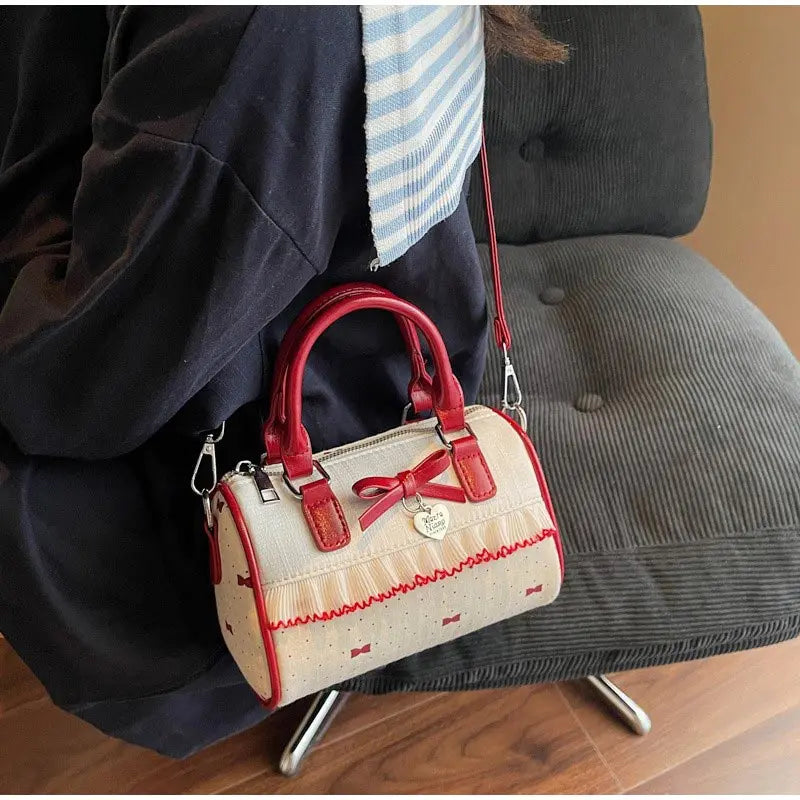 Korean Bow Polka Dot Bag Fashion Bowler Bag Color-blocked Lace Y2k Style Handbag Retro Sweet Plaid Crossbody Zipper Shoulder Bag