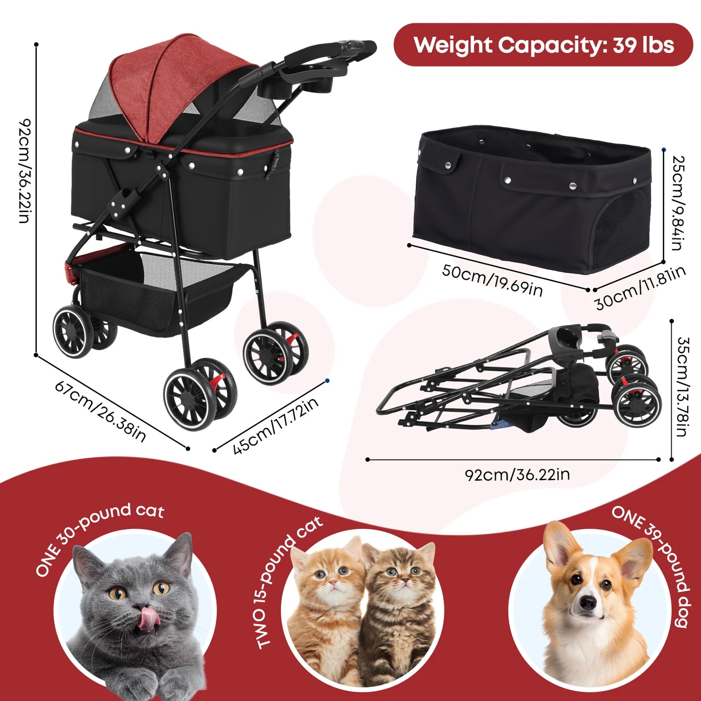 Chihuahua Pet Stroller Three Wheel Foldable Breathable Mesh