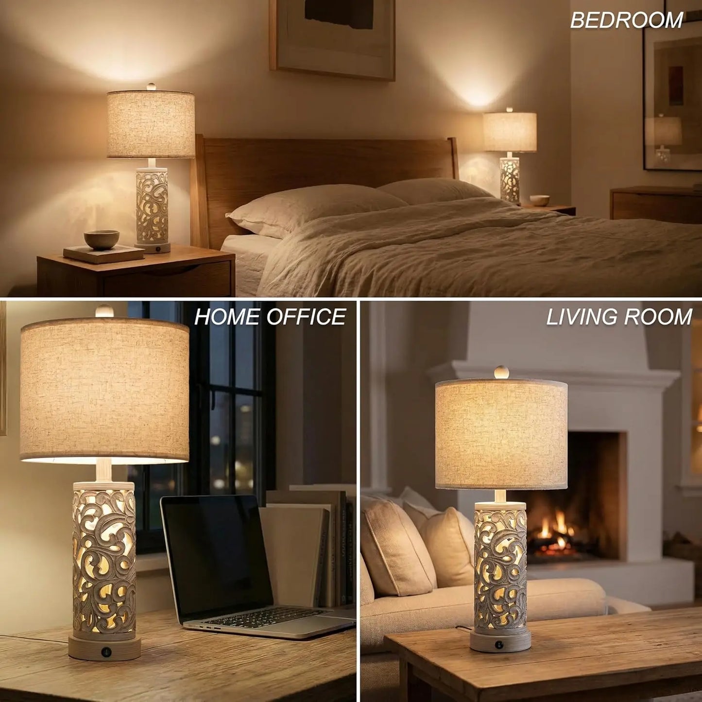 Farmhouse Table Lamps Set Of 2 With USB Ports And Night Light Vintage Style
