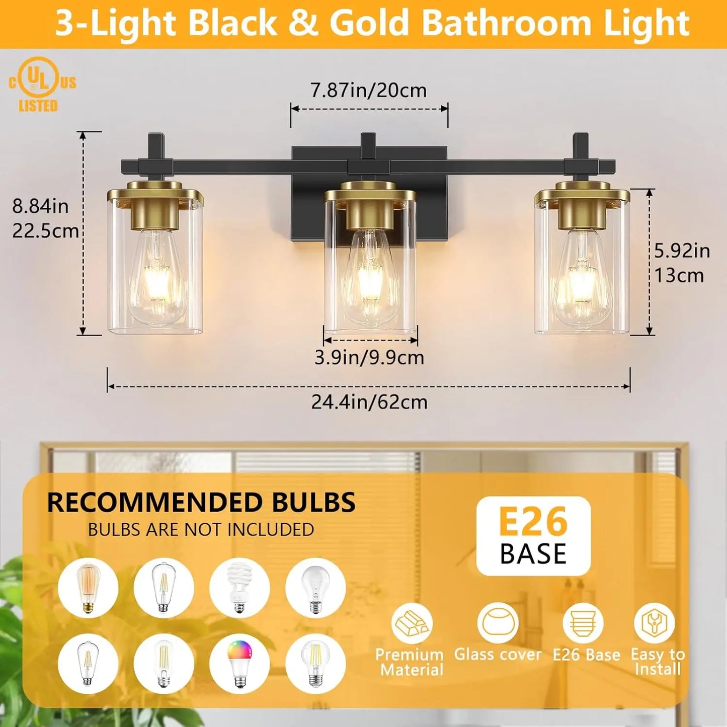 Modern Black And Gold Vanity Bathroom Light Fixture With Square Glass Shade