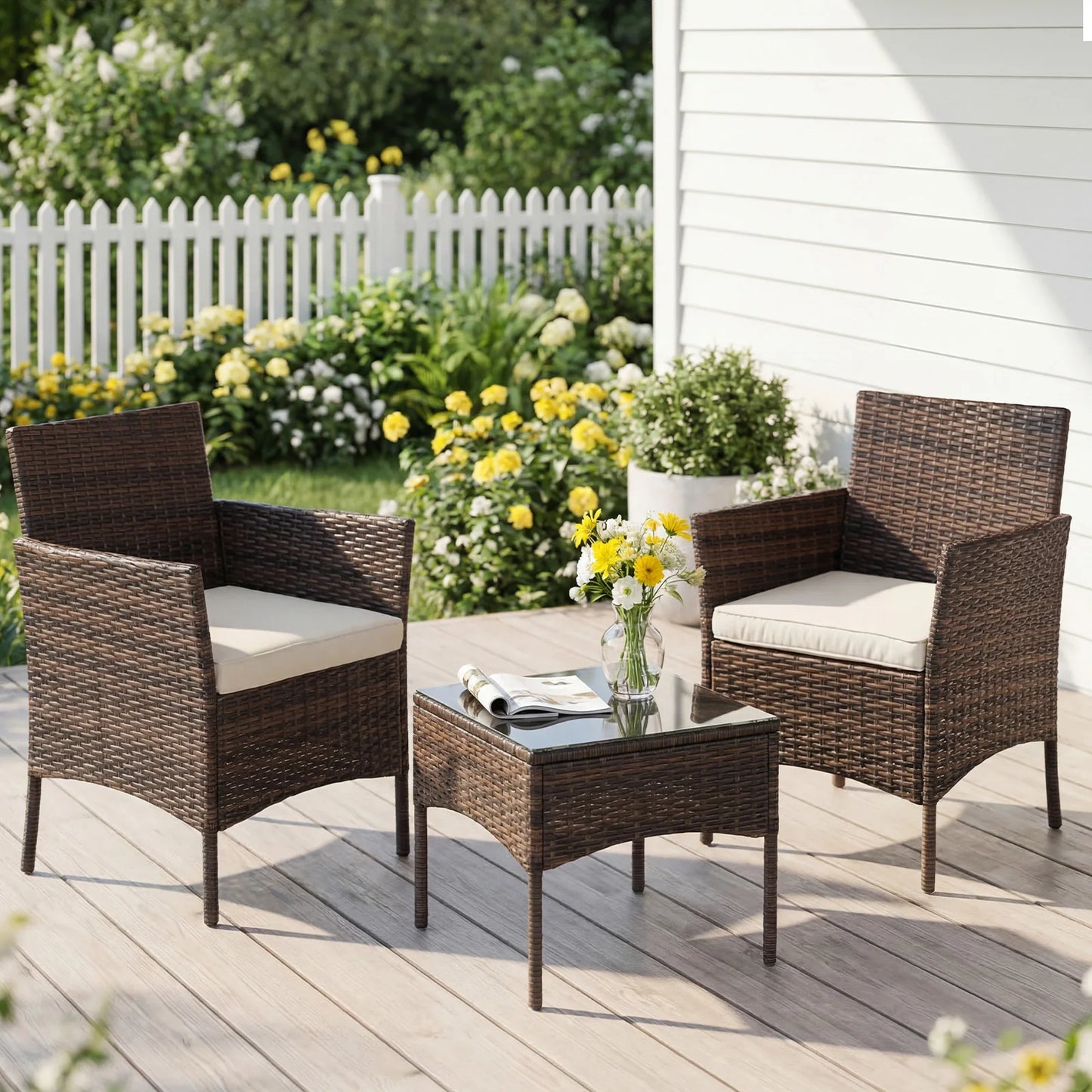 JHK Outdoor 3 Piece Wicker Rattan Patio Furniture Set With Glass Table