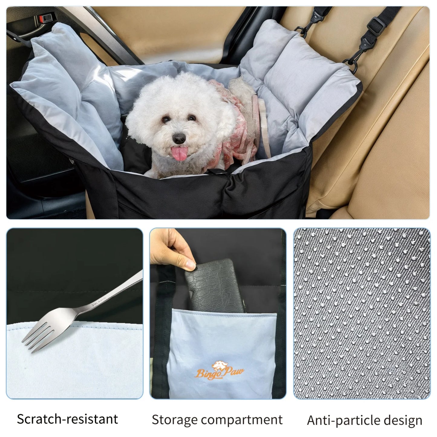 Pet Car Seat Booster With Safety Belt And Storage Pockets