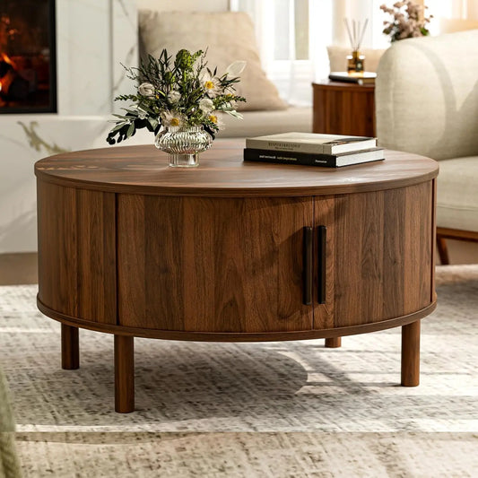 Round Coffee Table With Cabinets And Sliding Doors Living Room