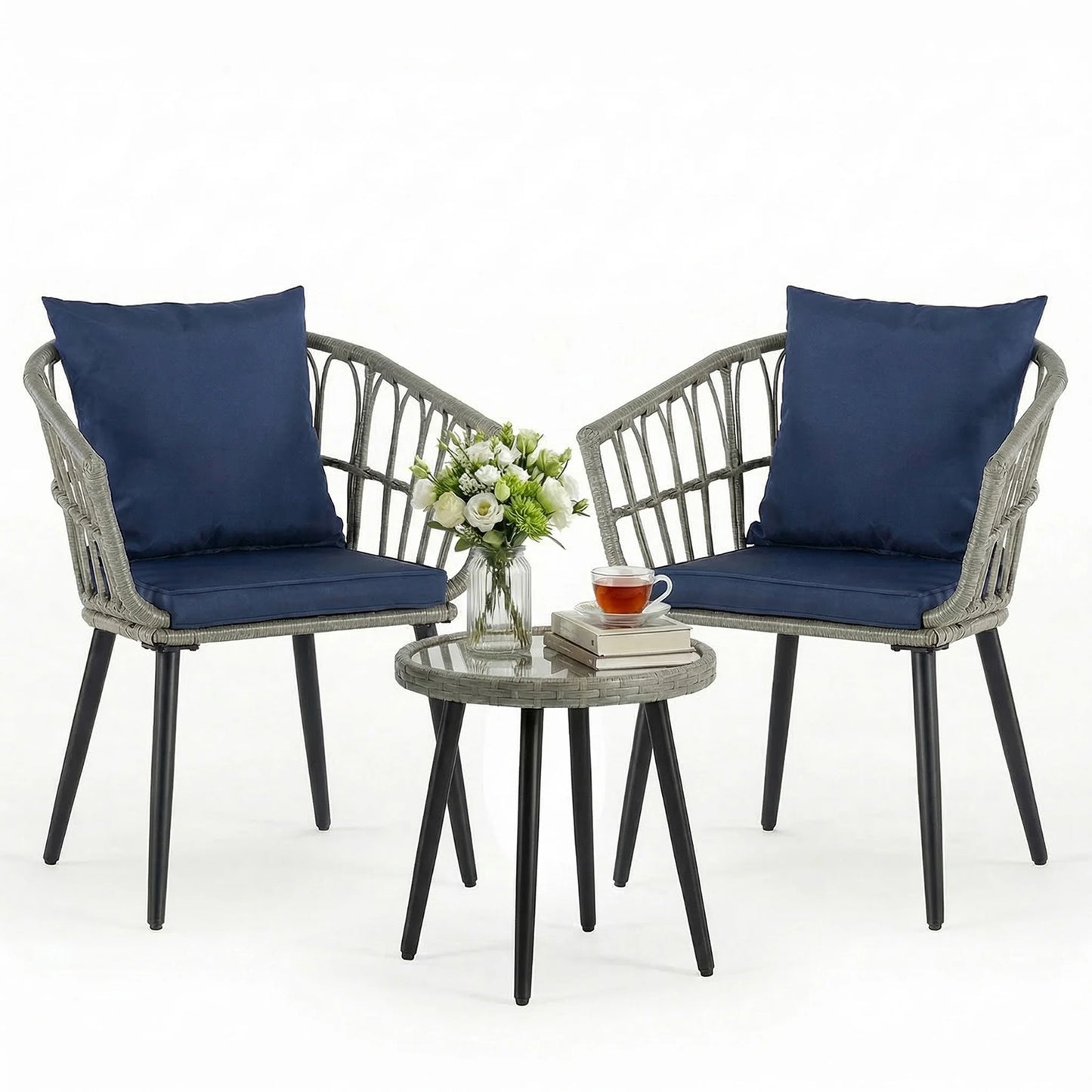 Wicker Patio Outdoor Set With Cushions And Glass Table