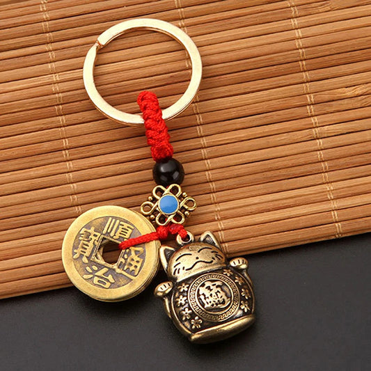 Handmade Lucky Cat Keychain With Feng Shui Five Emperors Coins