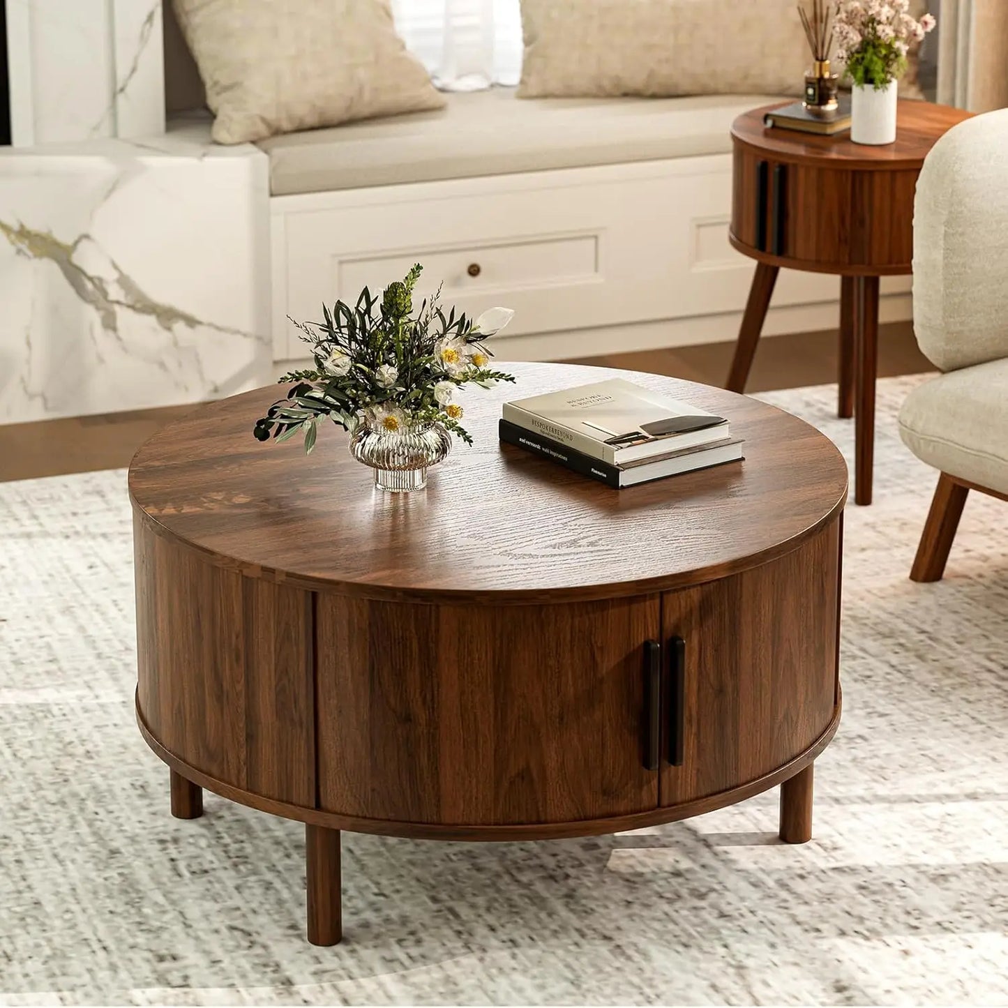 Round Coffee Table With Cabinets And Sliding Doors Living Room