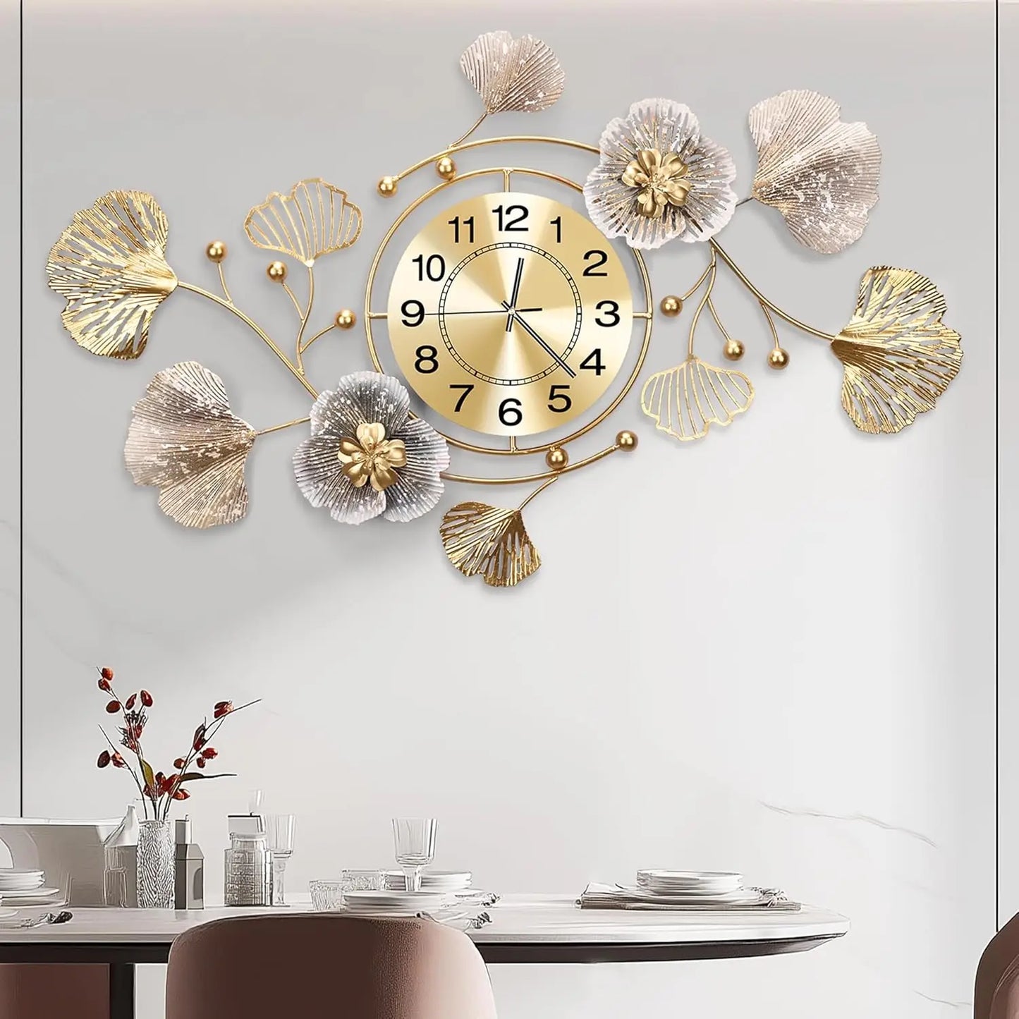 Silent Wall Clock With Retro Ginkgo Leaf Metal Design