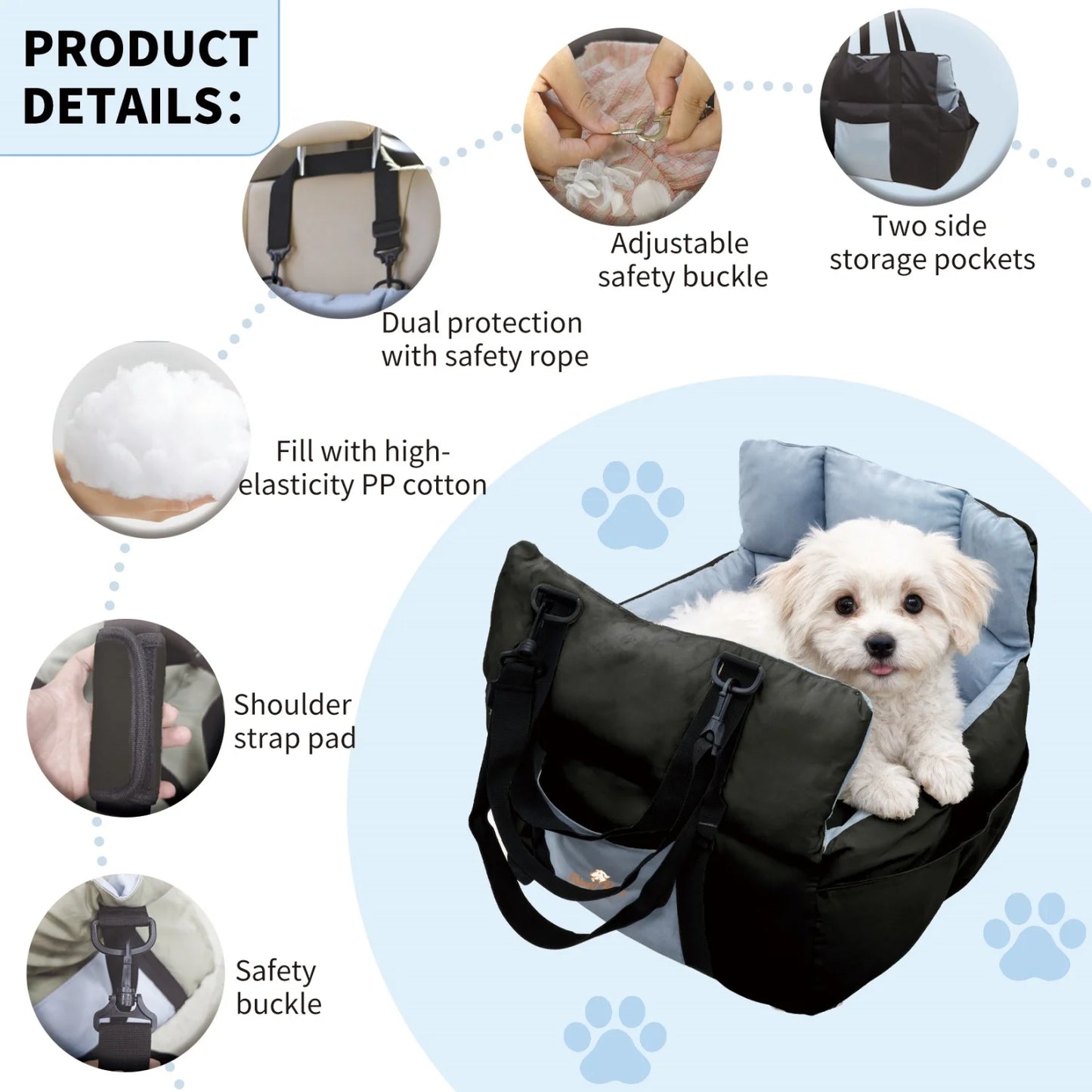Pet Car Seat Booster With Safety Belt And Storage Pockets