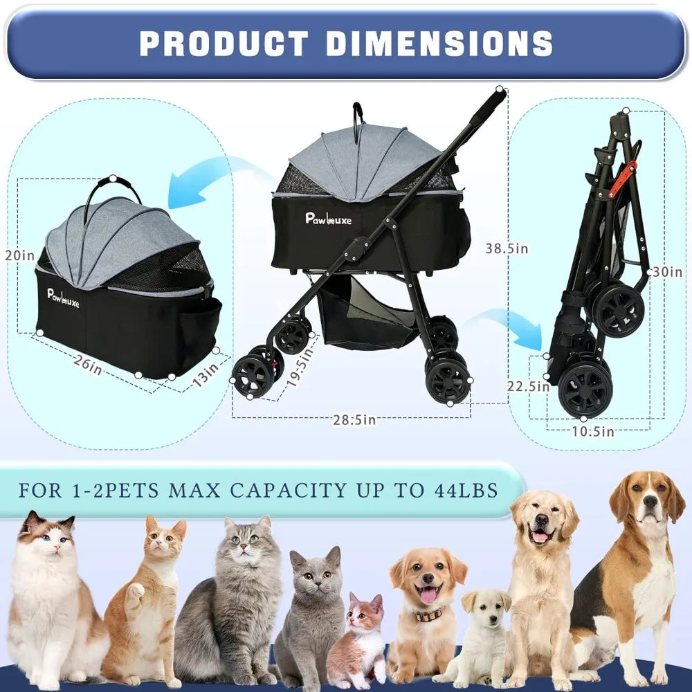 Stroller 4 Wheels With Detachable Carrier For Small Dogs Cats