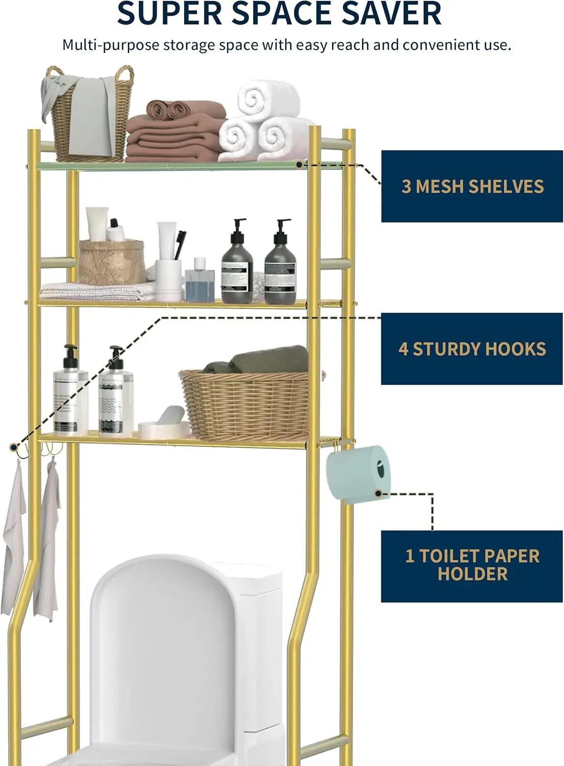 Three-Tier Over The Toilet Storage Rack With Hooks