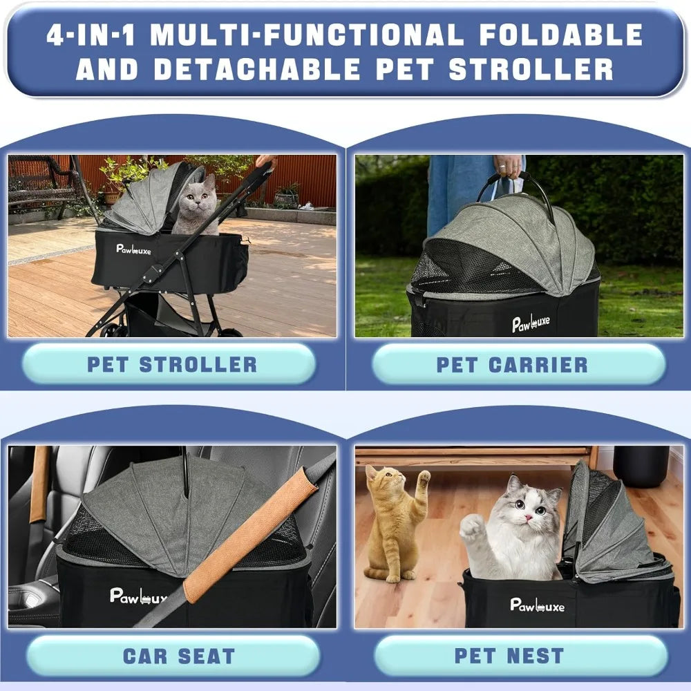 Stroller 4 Wheels With Detachable Carrier For Small Dogs Cats