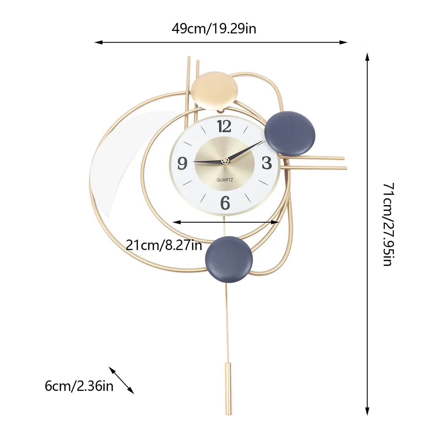 Modern Metal Wall Clock With Silent Quartz Movement And Pendulum