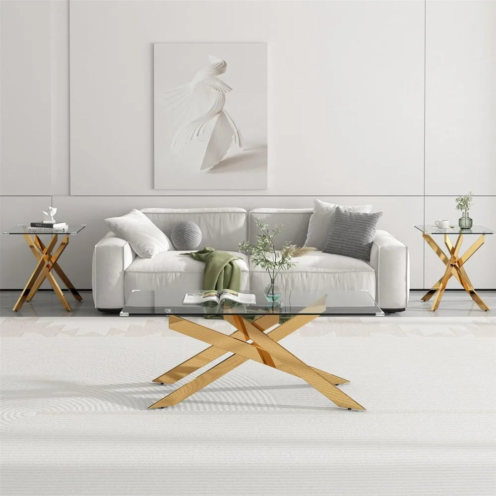 Tempered Glass Coffee And End Tables Set With Geometric Legs