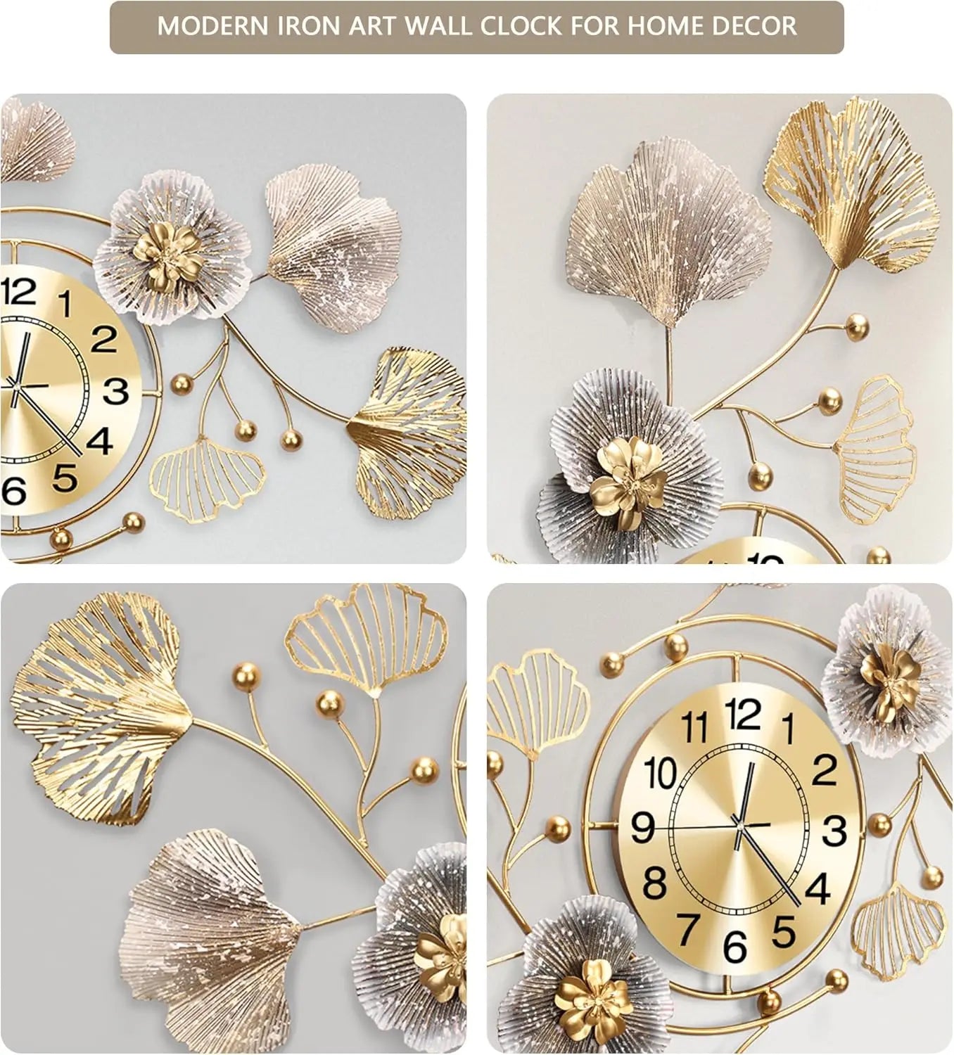 Silent Wall Clock With Retro Ginkgo Leaf Metal Design