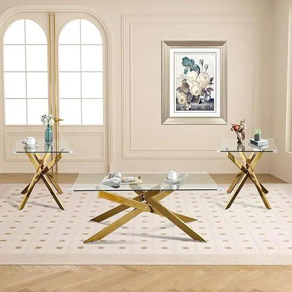 Tempered Glass Coffee And End Tables Set With Geometric Legs