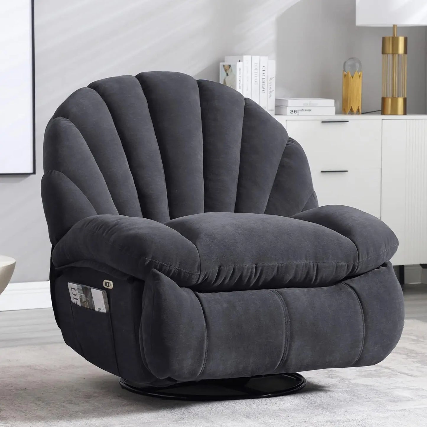 Power Swivel Recliner Chair With Soft Fabric Shell Storage