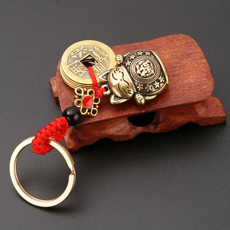 Handmade Lucky Cat Keychain With Feng Shui Five Emperors Coins