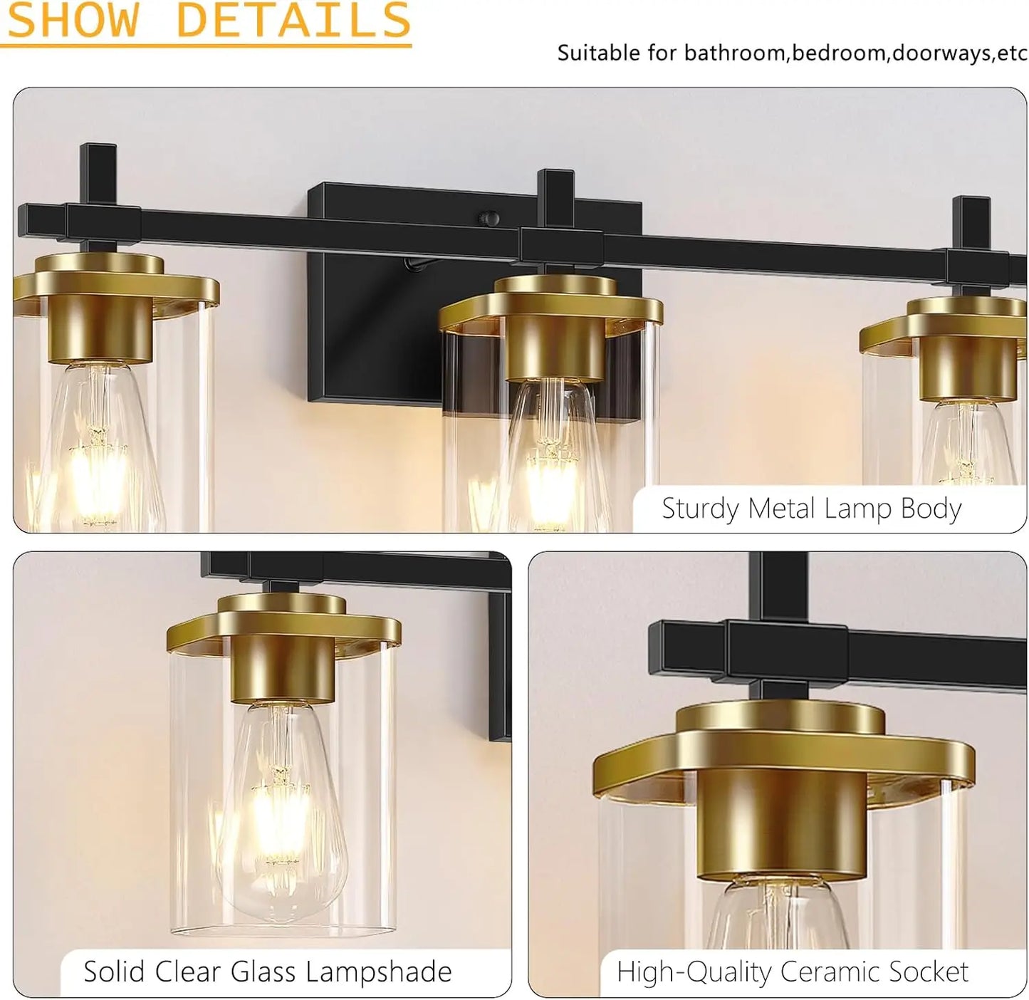 Modern Black And Gold Vanity Bathroom Light Fixture With Square Glass Shade