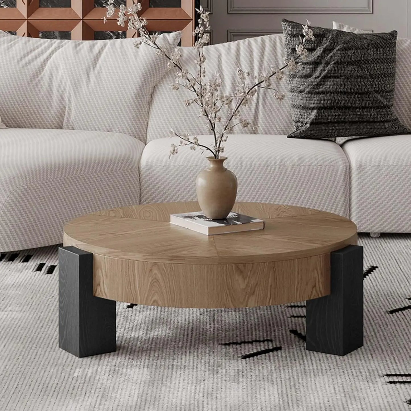 Folded Round Coffee Table With Hidden Storage And 3 Block Legs
